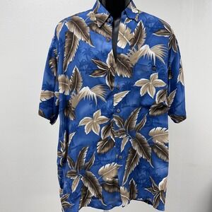 Tropical Palm‎ Leaf Hawaiian Shirt Button Up Short Sleeve Blue Size XL